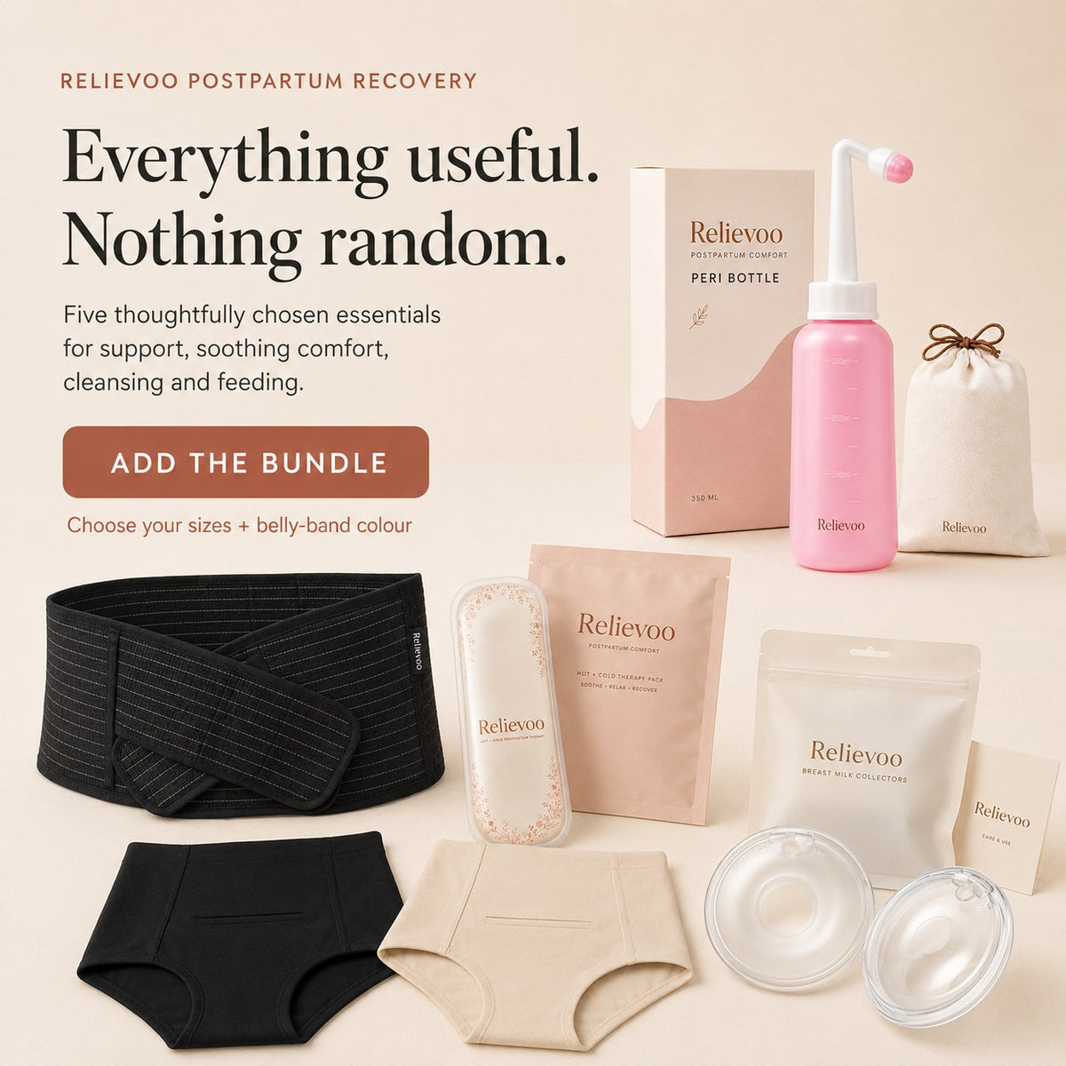 The complete Relievoo postpartum recovery essentials bundle with its peri bottle box, therapy pack, briefs, belly band and milk collectors rvpumpen rvhasar