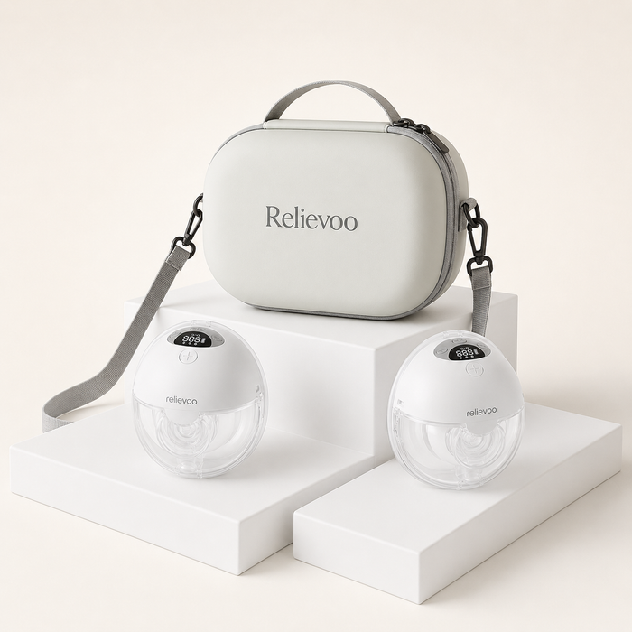 Relievoo M22 PRO2 double set: two wearable breast pump cups with the grey Relievoo carry case and shoulder strap