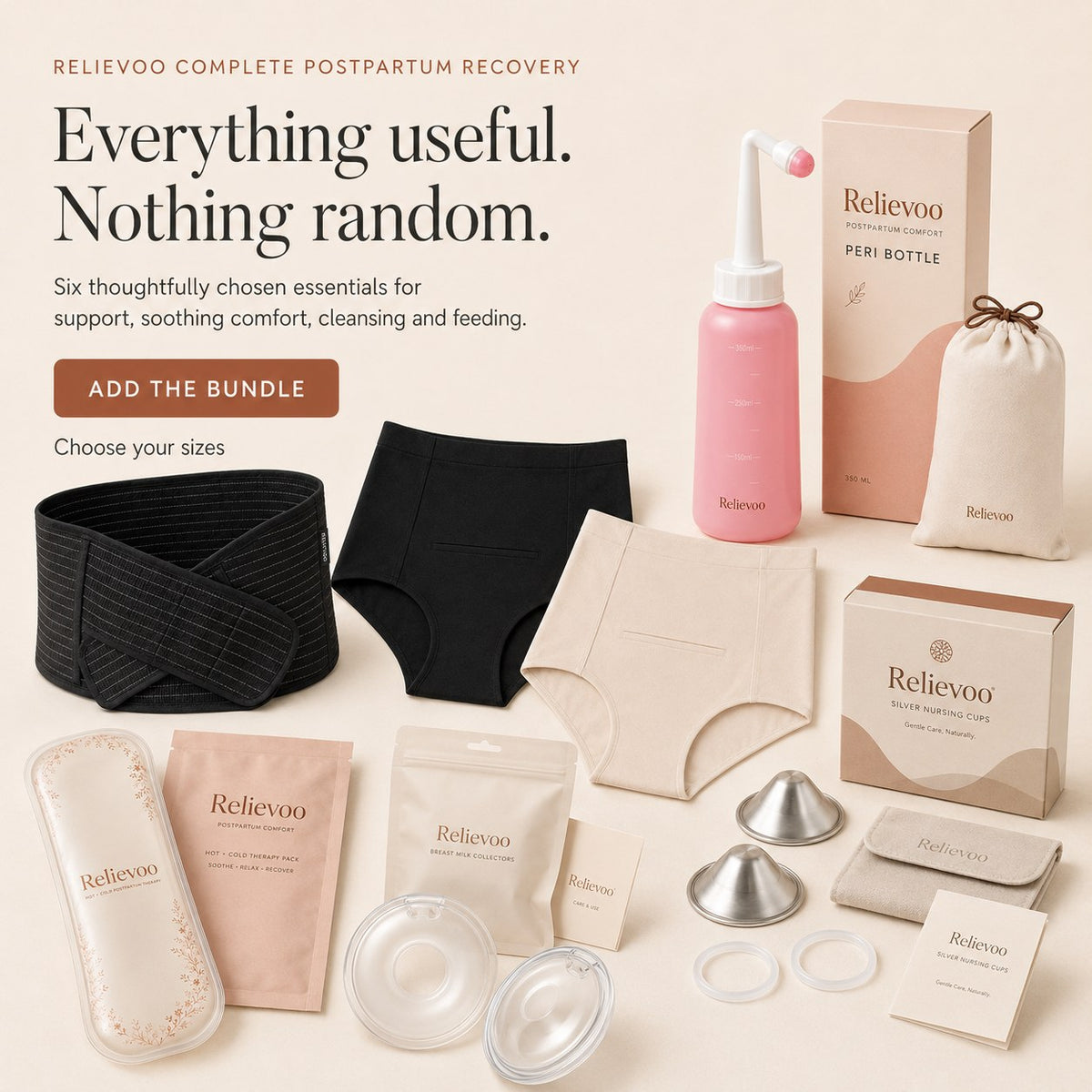 The complete Relievoo postpartum recovery bundle laid out: belly band, two briefs, therapy pack, peri bottle, two milk collectors and silver nursing cups rvpumpen rvhasar