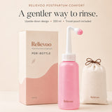 Relievoo postpartum peri bottle with its 350 ml box and cotton travel pouch on a cream background