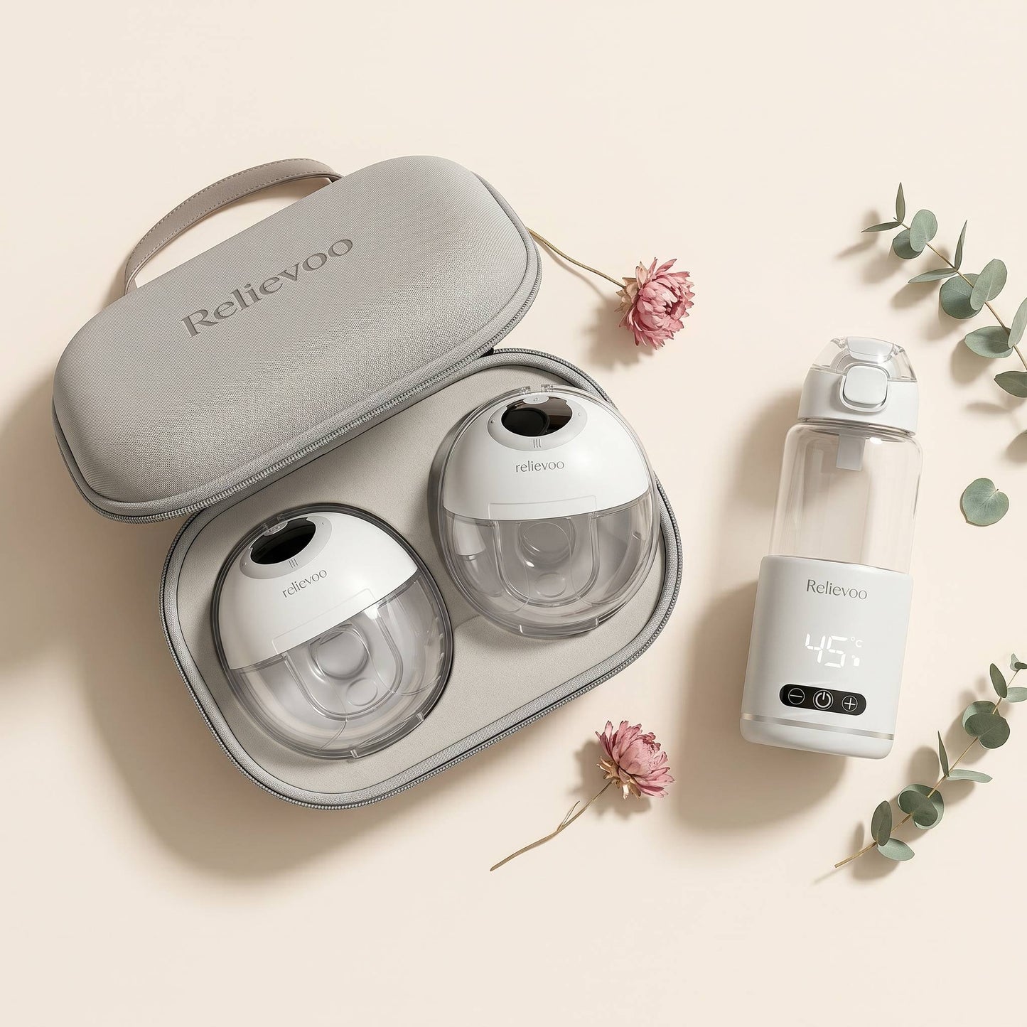 Relievoo Travel Mum Bundle UK — wearable breast pump in protective carrying case with portable bottle warmer for working mums returning to work