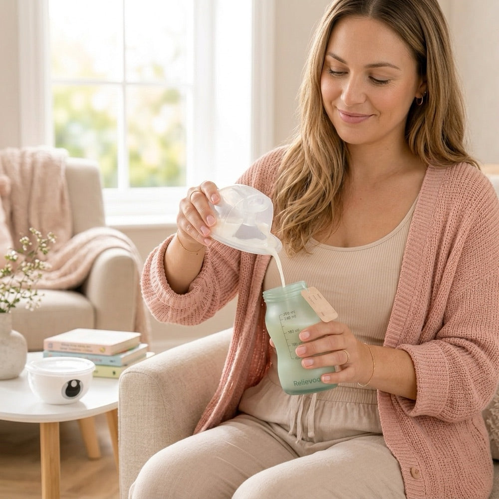 Mum pouring expressed breast milk into a Relievoo reusable sage-green silicone storage bottle