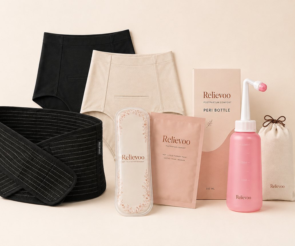 The complete Relievoo C-section recovery bundle laid out with its peri bottle box and pouch
