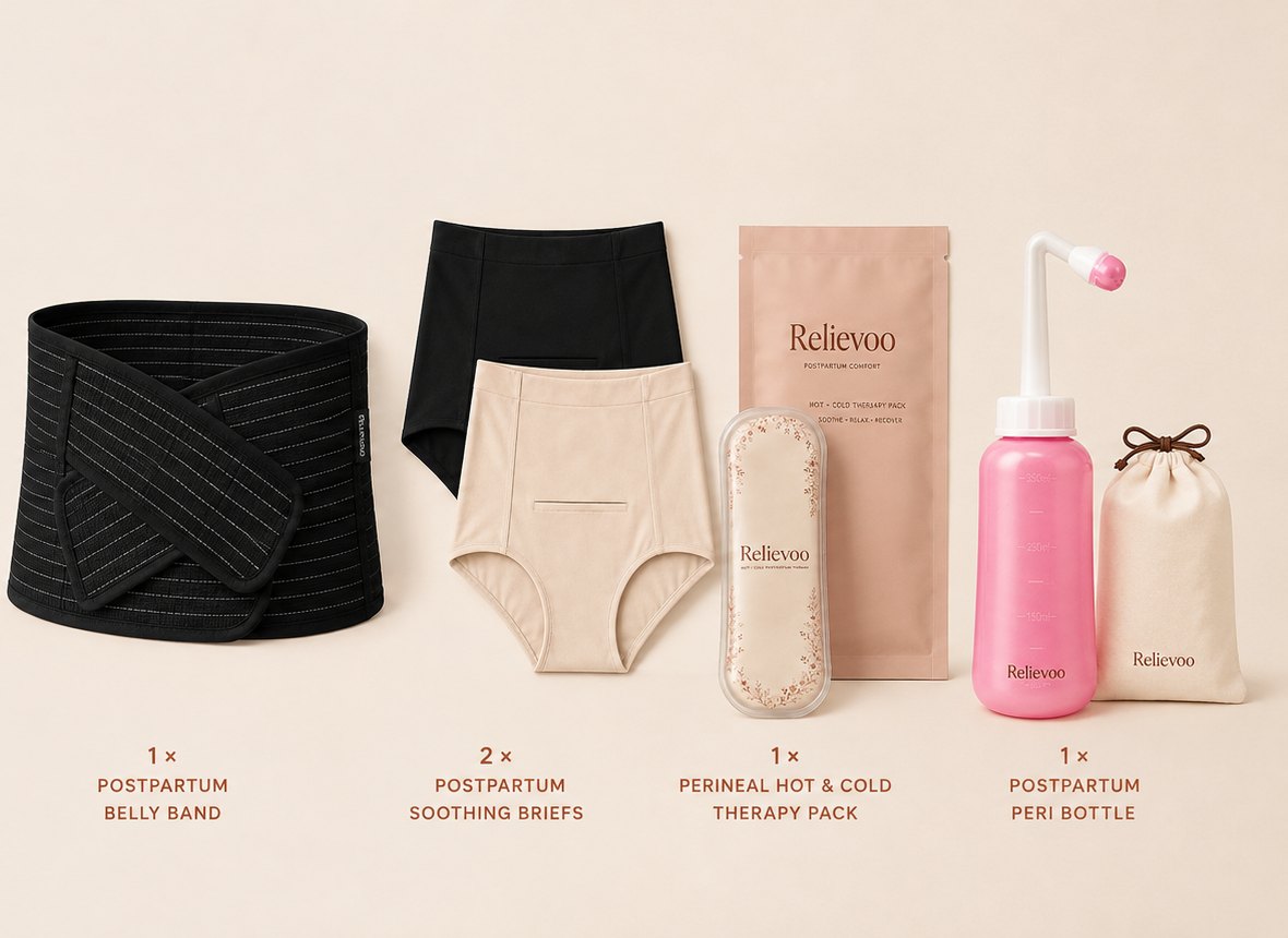 The four items in the Relievoo C-section bundle labelled: belly band, two soothing briefs, therapy pack and peri bottle