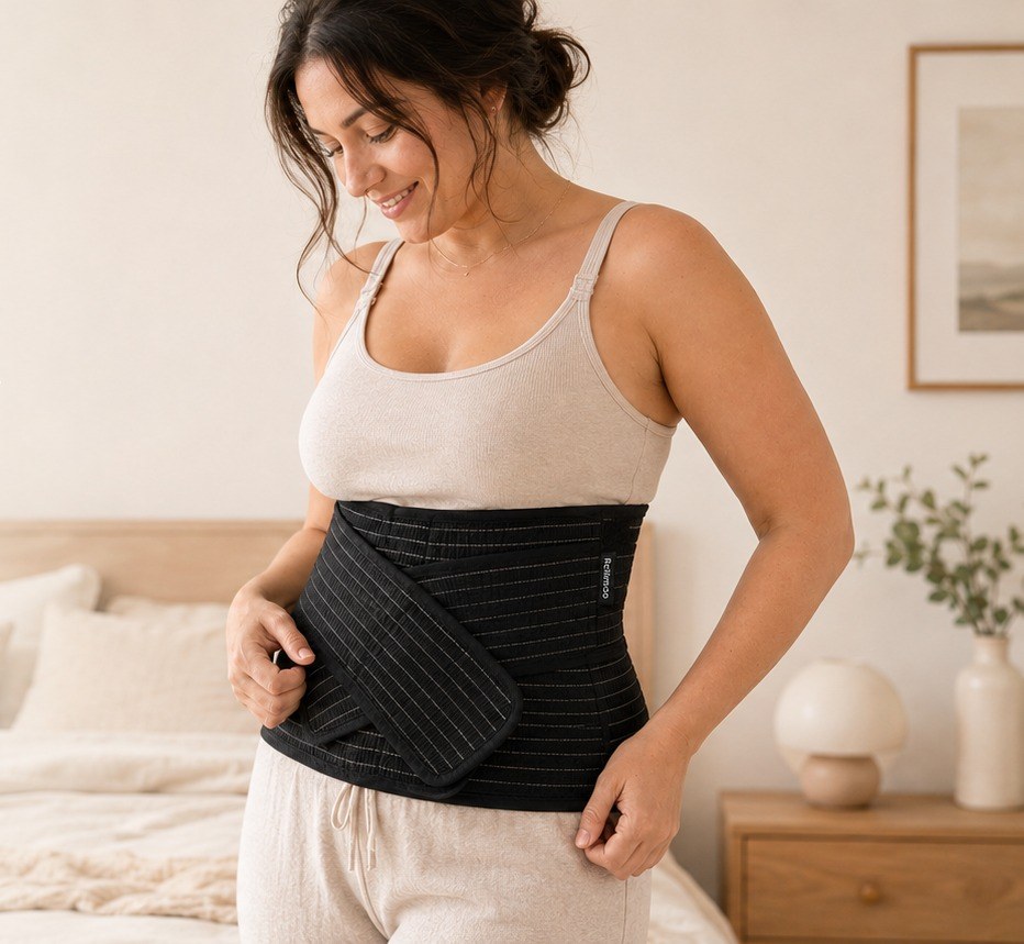 Woman wearing the black Relievoo postpartum belly band from the bundle