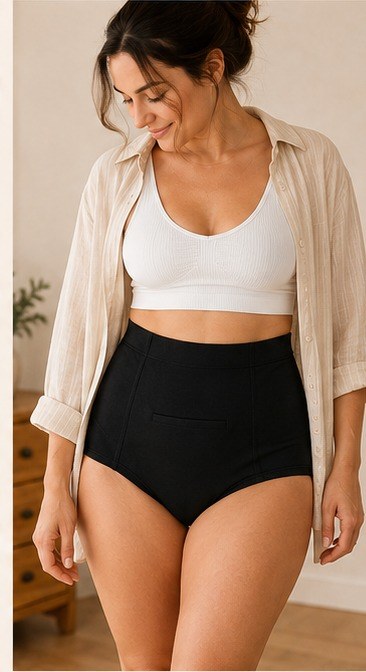 Woman wearing the black Relievoo high-waisted soothing briefs with the therapy pack in the pocket