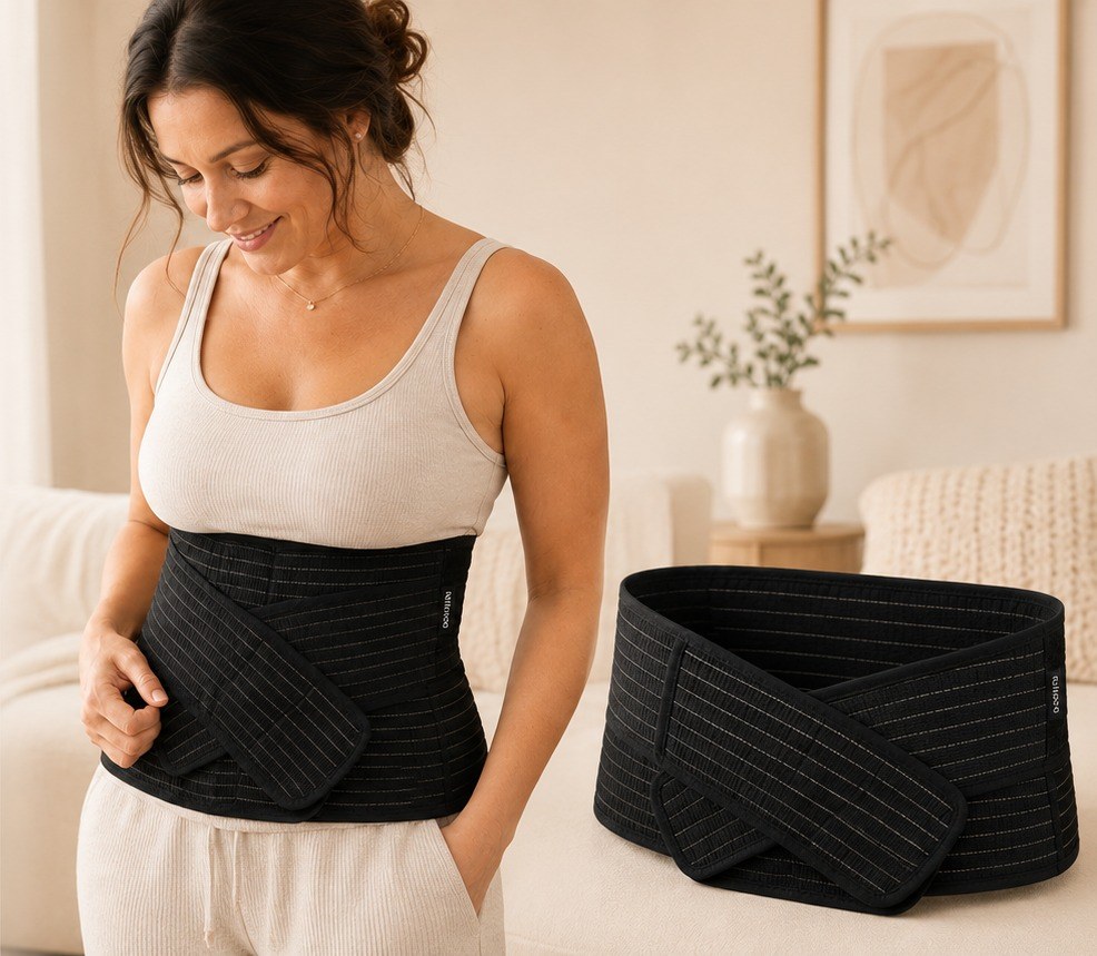 Woman wearing the black Relievoo postpartum support belt, with the belt also shown flat beside her