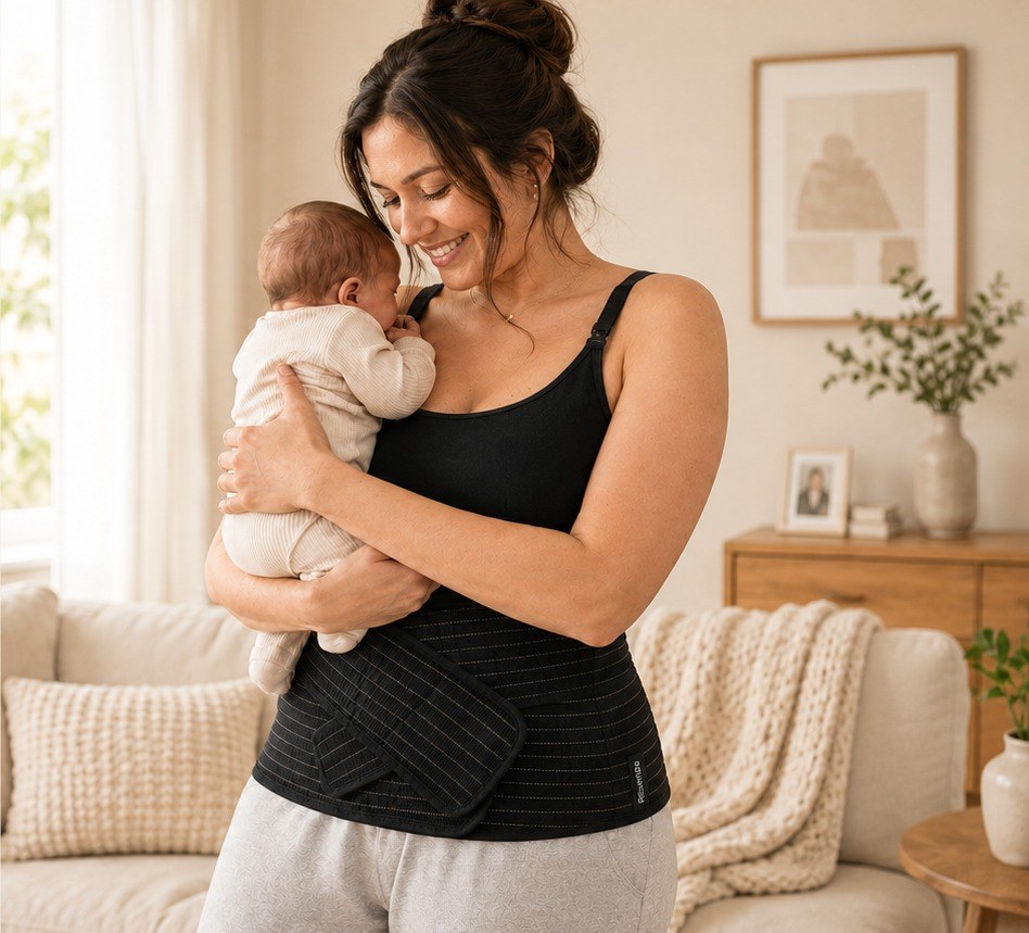 Mother holding her newborn while wearing the black Relievoo postpartum support belt