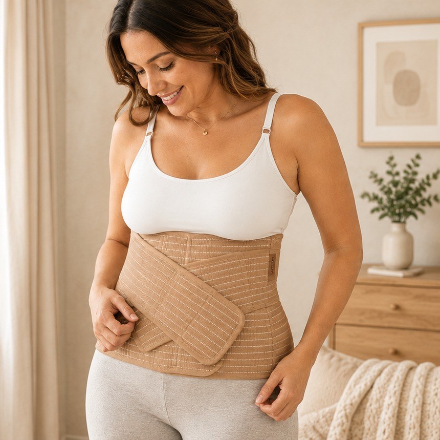 Woman wearing the Relievoo postpartum support belt in the tan colourway