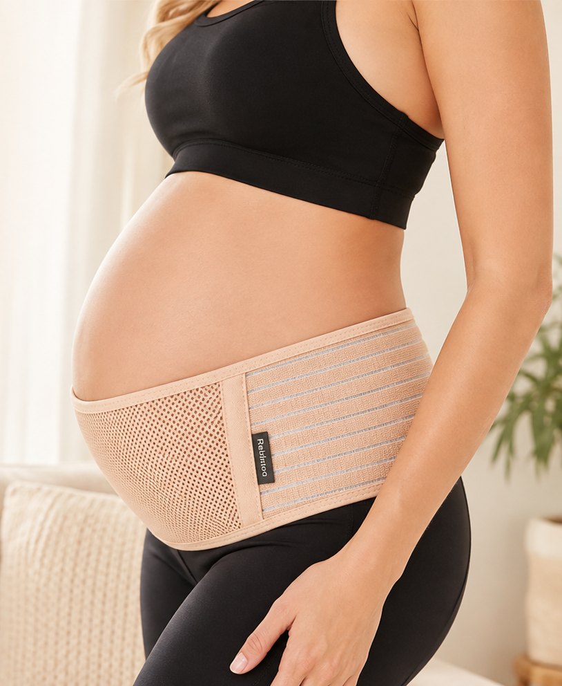 Pregnant woman wearing the tan Relievoo pregnancy support belt with black leggings