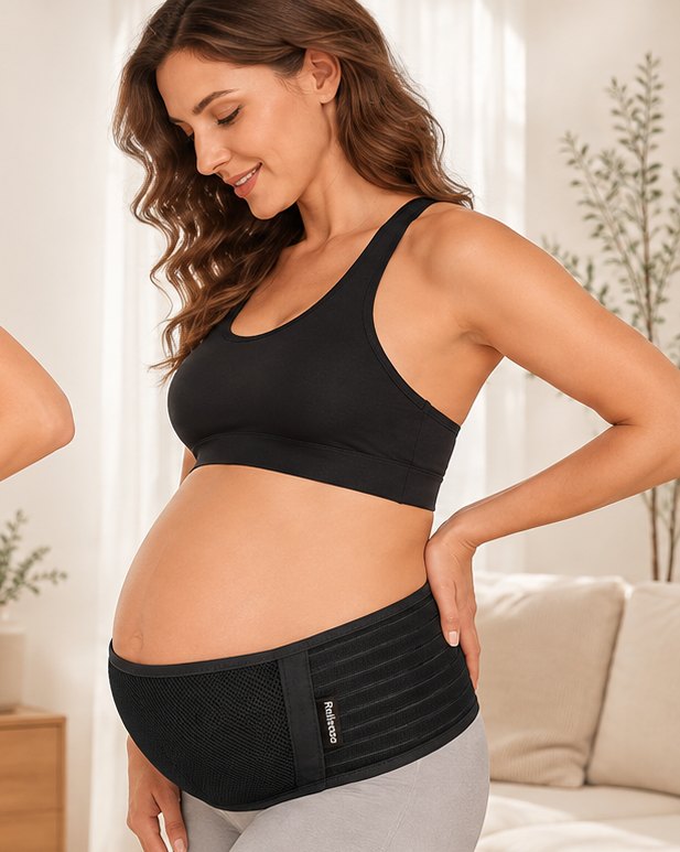 Pregnant woman wearing the black Relievoo pregnancy support belt