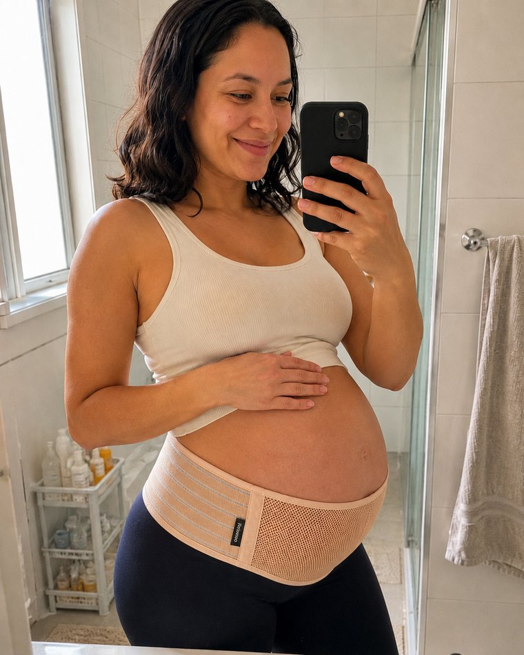 Pregnant woman wearing the tan Relievoo pregnancy support belt, taking a mirror photo in a bathroom