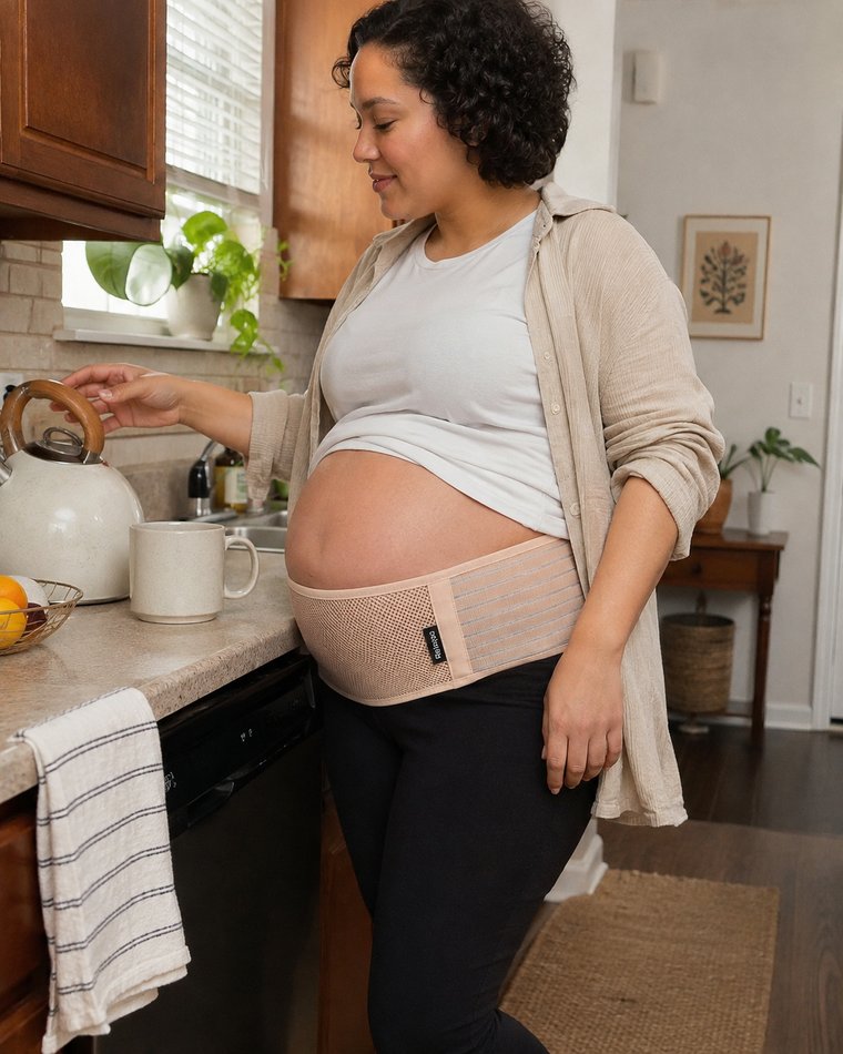 Pregnant woman wearing the tan Relievoo pregnancy support belt while making tea in a kitchen