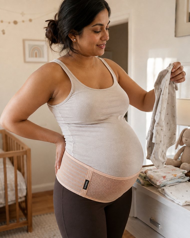 Pregnant woman wearing the tan Relievoo pregnancy support belt while holding a baby outfit in a nursery