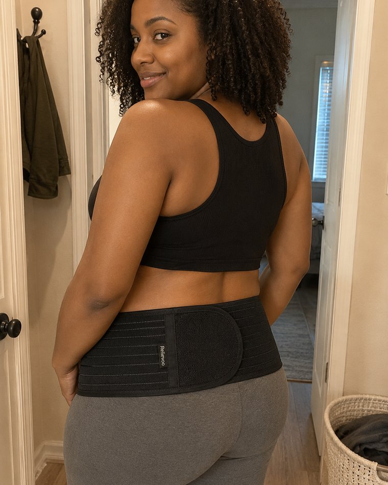 Back view of a woman wearing the black Relievoo pregnancy support belt, showing the wide lower-back panel