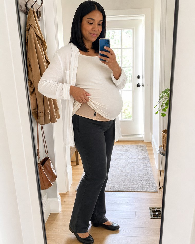 Pregnant woman dressed for the day, the tan Relievoo pregnancy support belt worn under her top