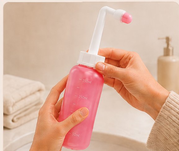 Securing the screw top of the Relievoo peri bottle and angling the nozzle