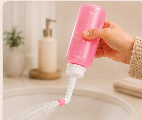 Holding the Relievoo peri bottle upside down and squeezing a gentle stream over the basin