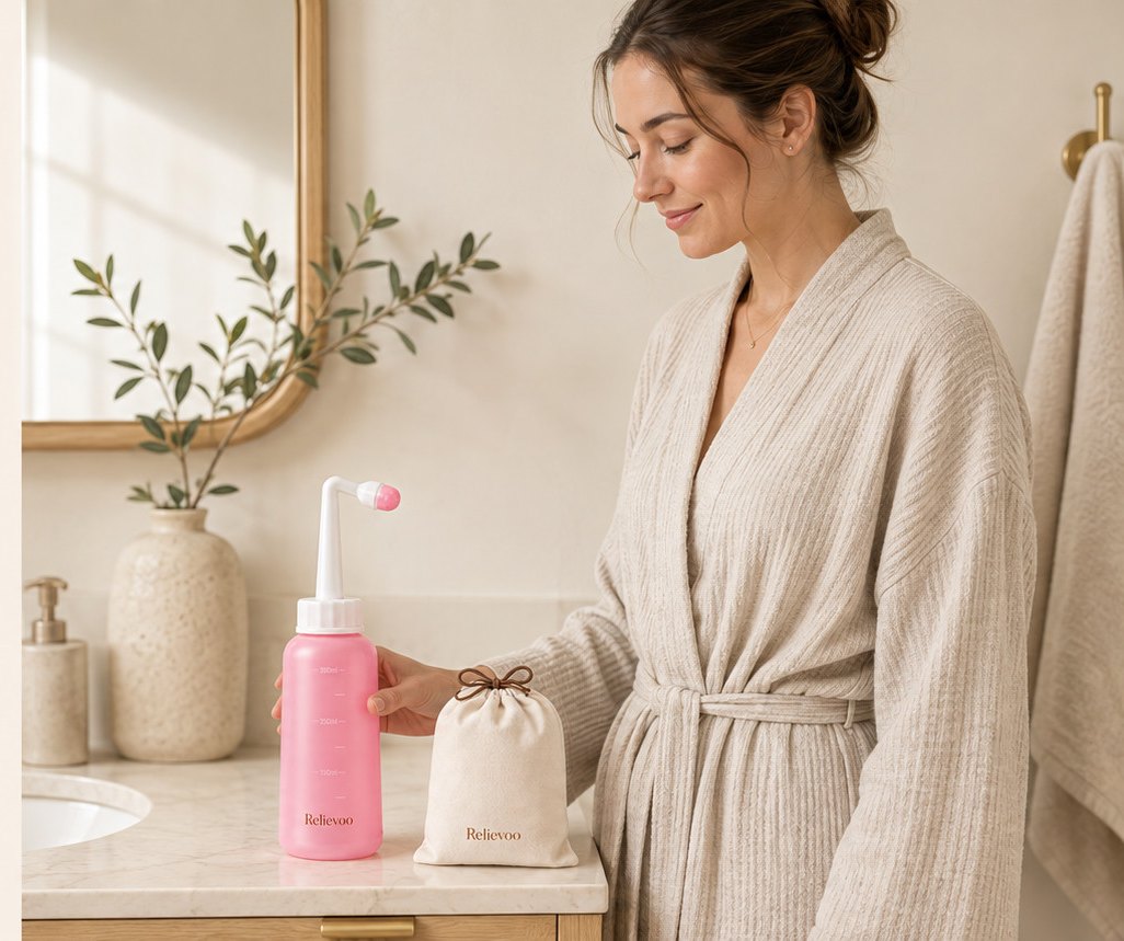Woman in a bathrobe with the Relievoo peri bottle and its pouch on the bathroom counter