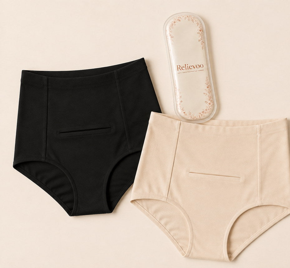 Relievoo therapy pack shown with black and nude postpartum briefs that have a built-in pocket