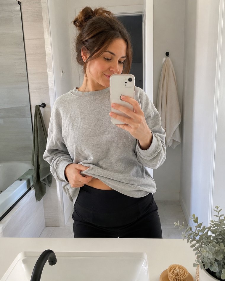 Woman lifting a grey sweatshirt in a bathroom mirror to show the black Relievoo soothing briefs worn high on the waist