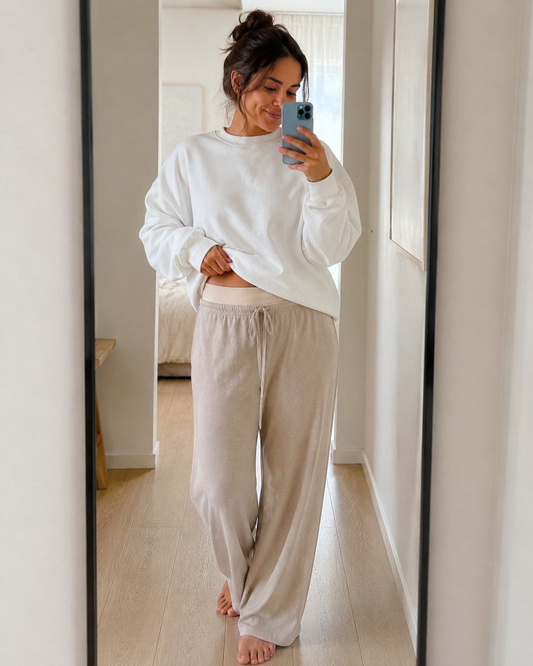 Woman taking a hallway mirror photo, wearing the nude Relievoo soothing briefs under a white sweatshirt