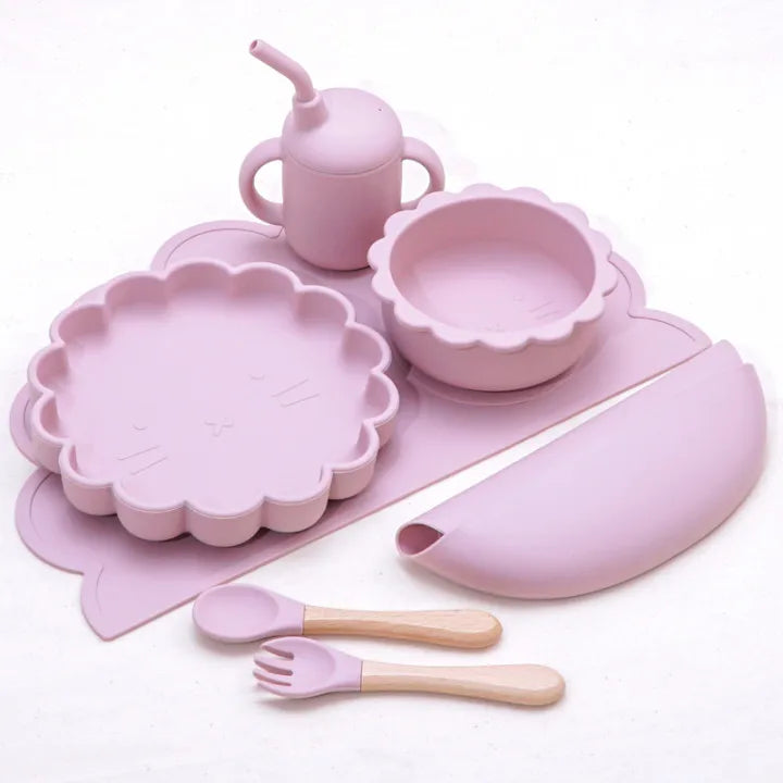 Baby silicone weaning set 5-piece - plate bowl bib spoons - blush pink