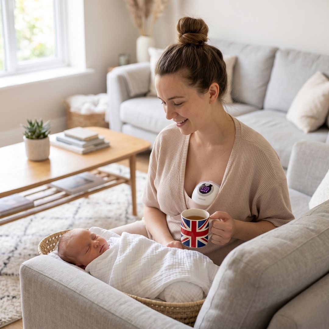 Relievoo wearable breast pump on mum relaxing on sofa with sleeping newborn - hands-free pumping at home UK