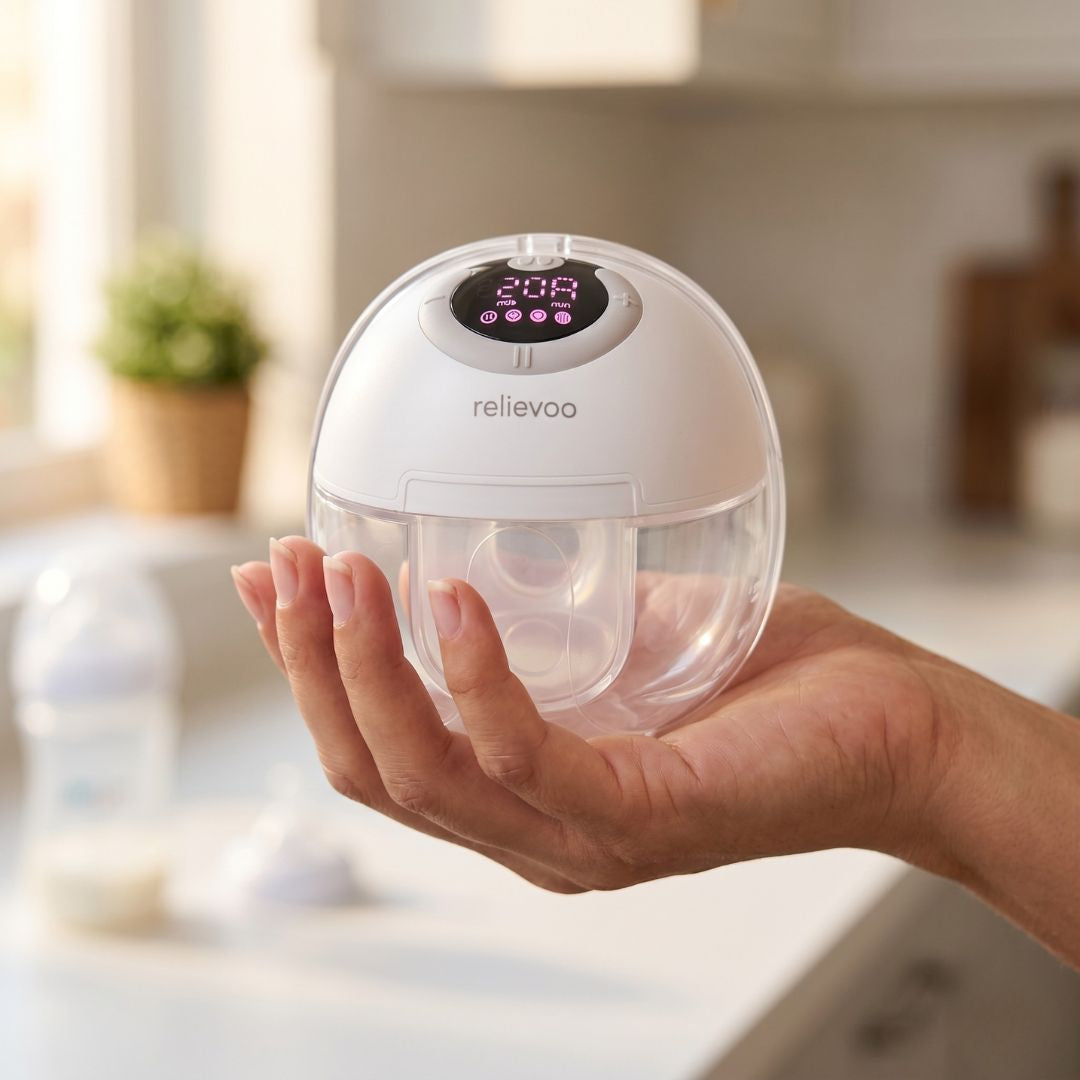 Relievoo S32 PRO2 wearable breast pump compact size held in one hand - portable wireless design