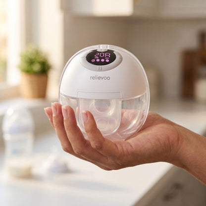 Relievoo S32 PRO2 wearable breast pump compact size held in one hand - portable wireless design
