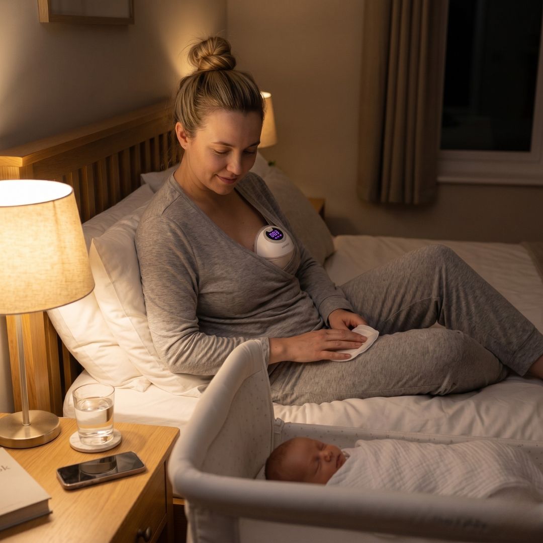 Mum using Relievoo wearable breast pump at night while baby sleeps in bedside crib - quiet hands-free night pumping UK