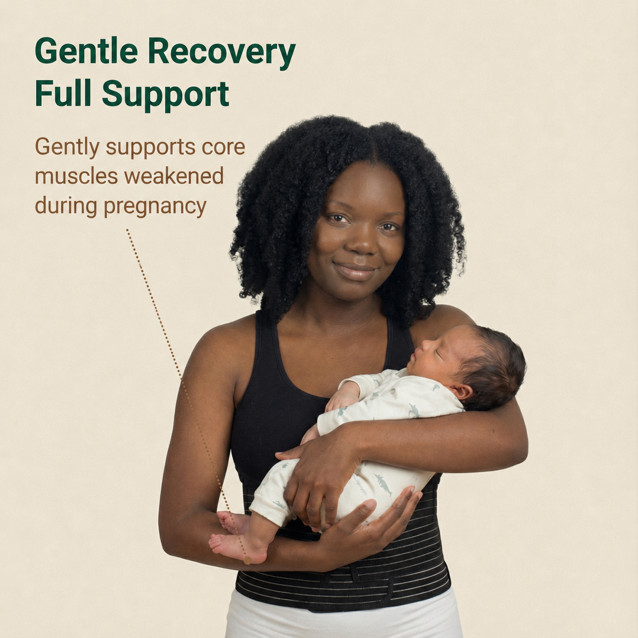 Postpartum belly band gently supports core muscles weakened during pregnancy — mum holding her baby