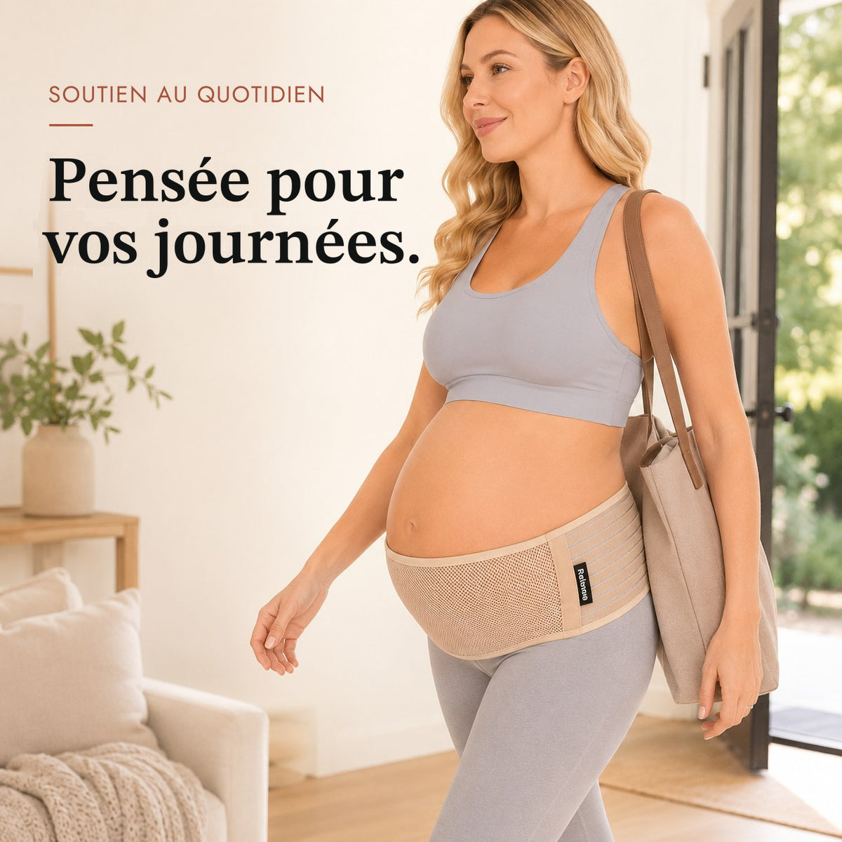Femme enceinte qui sort avec un sac cabas en portant la ceinture de grossesse Relievoo beige