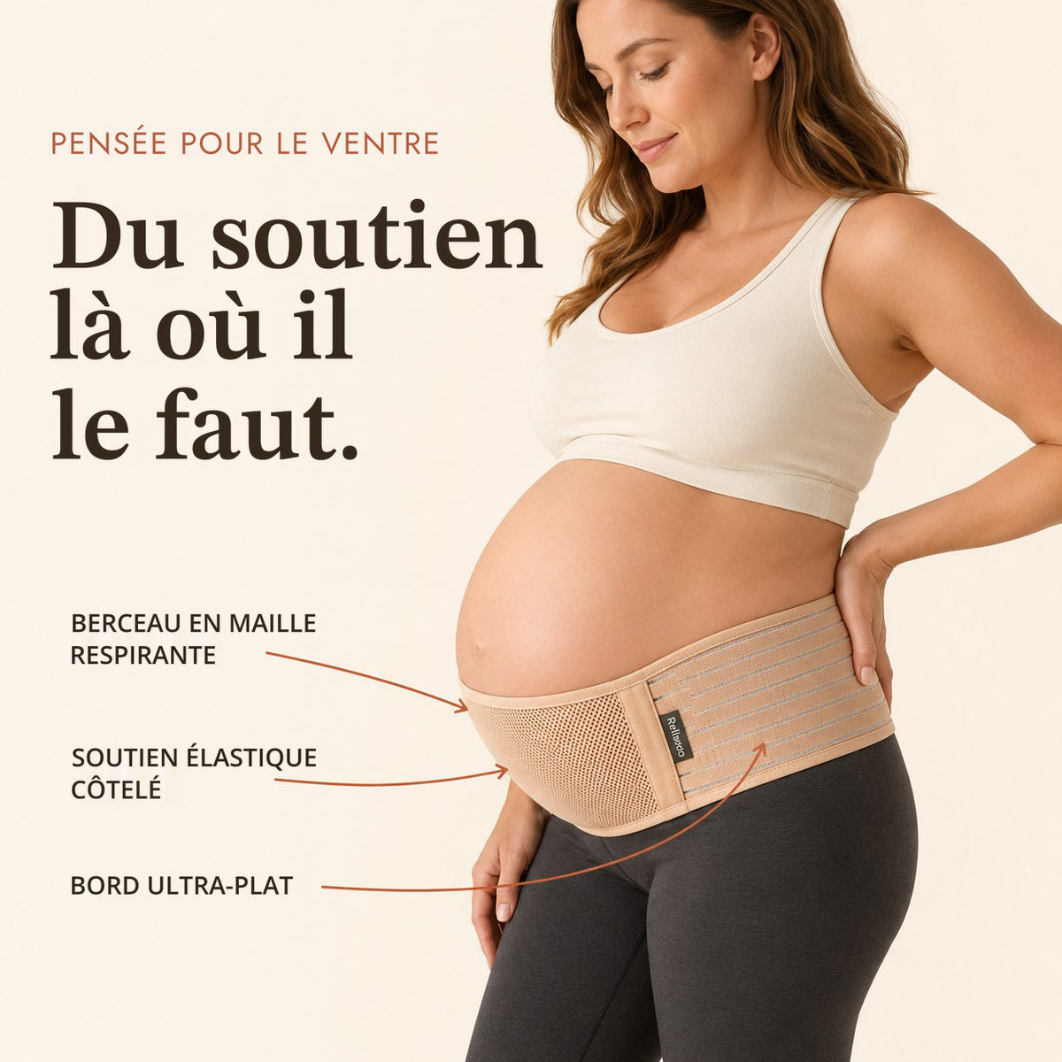 Ceinture de grossesse Relievoo légendée : berceau en maille respirante, soutien élastique côtelé, bord ultra-plat