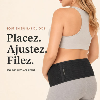 Vue de dos de la ceinture de grossesse Relievoo noire et de son réglage auto-agrippant