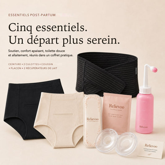 Les cinq essentiels de récupération post-partum Relievoo réunis : ceinture, deux culottes apaisantes, coussin, flacon rince-périnée et deux récupérateurs de lait