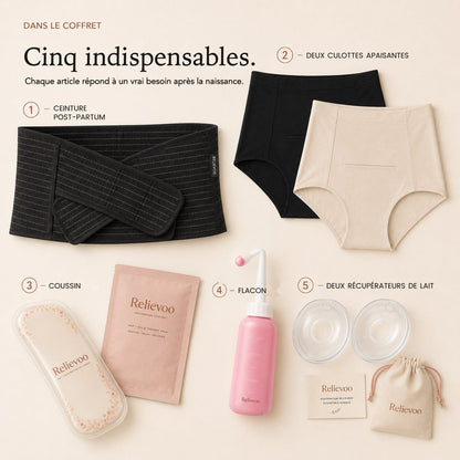 Contenu du coffret Relievoo numéroté de un à cinq : ceinture post-partum, deux culottes apaisantes, coussin, flacon rince-périnée et deux récupérateurs de lait