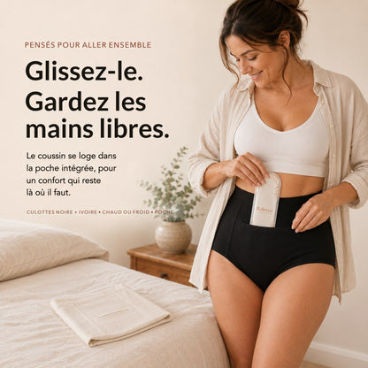 Femme glissant le coussin Relievoo dans la poche avant intégrée de la culotte apaisante noire taille haute
