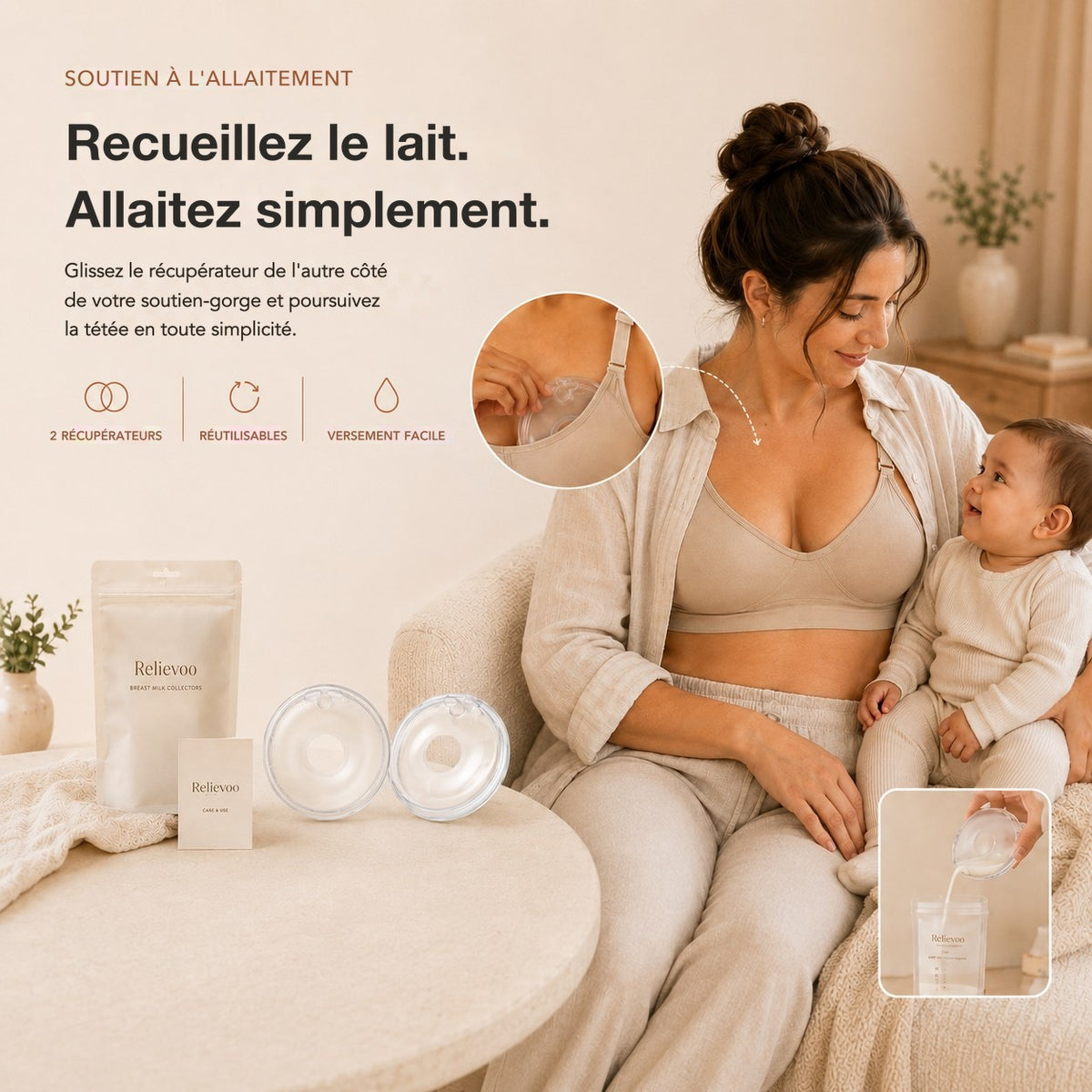 Maman qui allaite son bébé avec un récupérateur de lait Relievoo glissé dans son soutien-gorge, la paire de récupérateurs posée sur la table
