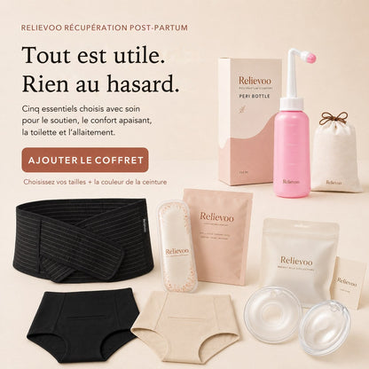 Le coffret Essentiels post-partum Relievoo complet : boîte du flacon rince-périnée, coussin, culottes, ceinture et récupérateurs de lait