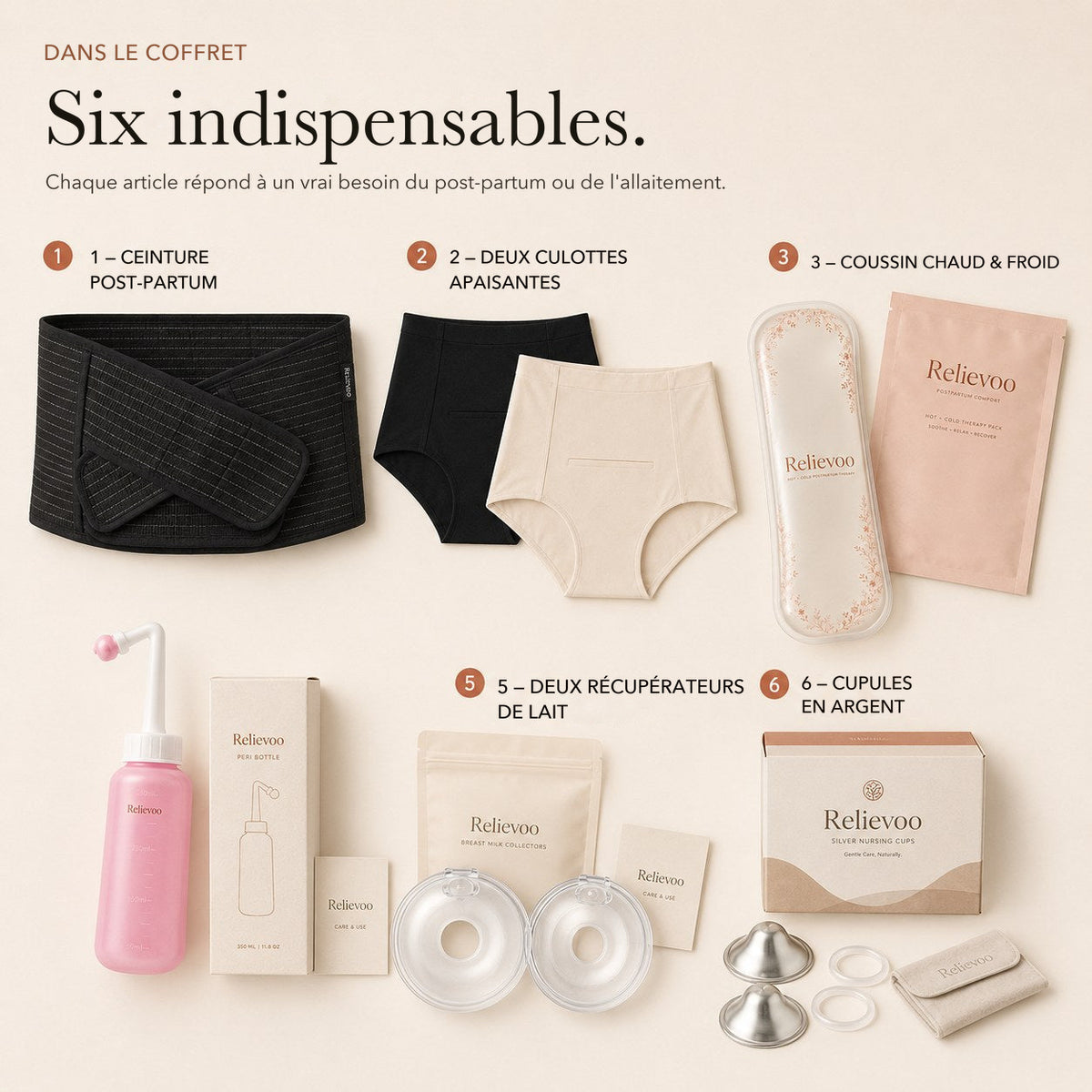 Les six articles du coffret Relievoo complet numérotés de un à six : ceinture, culottes apaisantes, coussin chaud et froid, flacon rince-périnée, récupérateurs de lait et cupules en argent