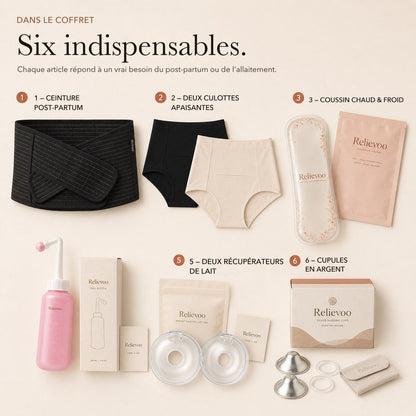 Les six articles du coffret Relievoo complet numérotés de un à six : ceinture, culottes apaisantes, coussin chaud et froid, flacon rince-périnée, récupérateurs de lait et cupules en argent