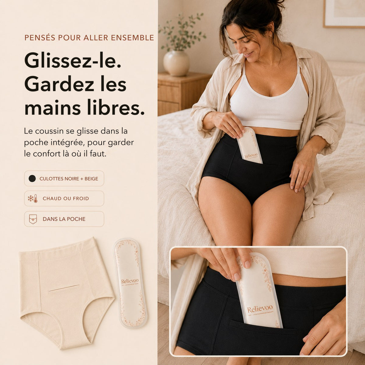 Femme glissant le coussin chaud et froid Relievoo dans la poche avant de la culotte apaisante noire