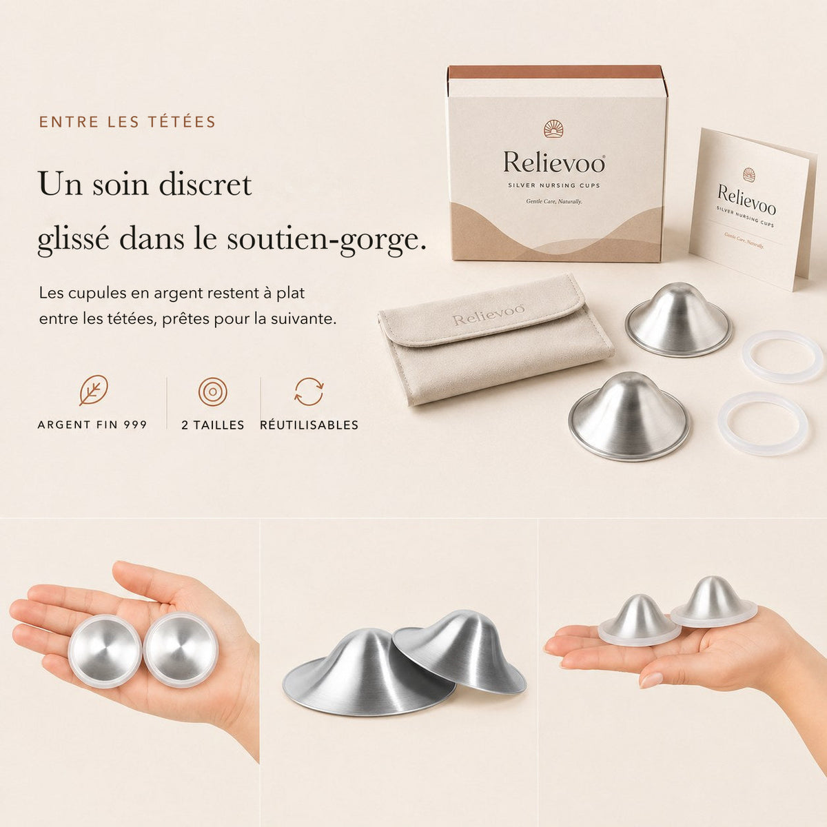 Cupules d'allaitement en argent 999 Relievoo avec leur boîte, leur pochette et leurs joints en silicone
