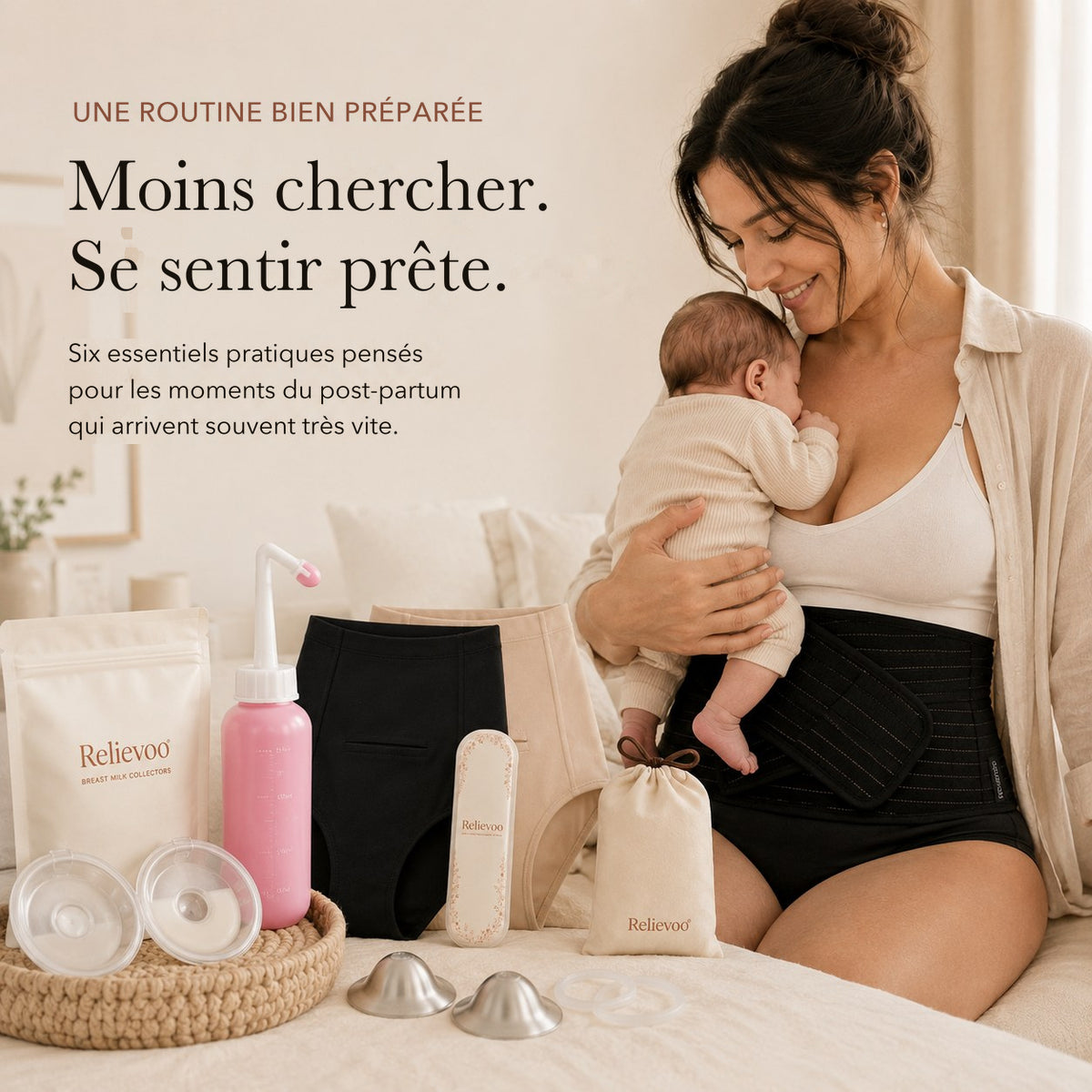 Maman tenant son nouveau-né à côté des six articles du coffret post-partum Relievoo