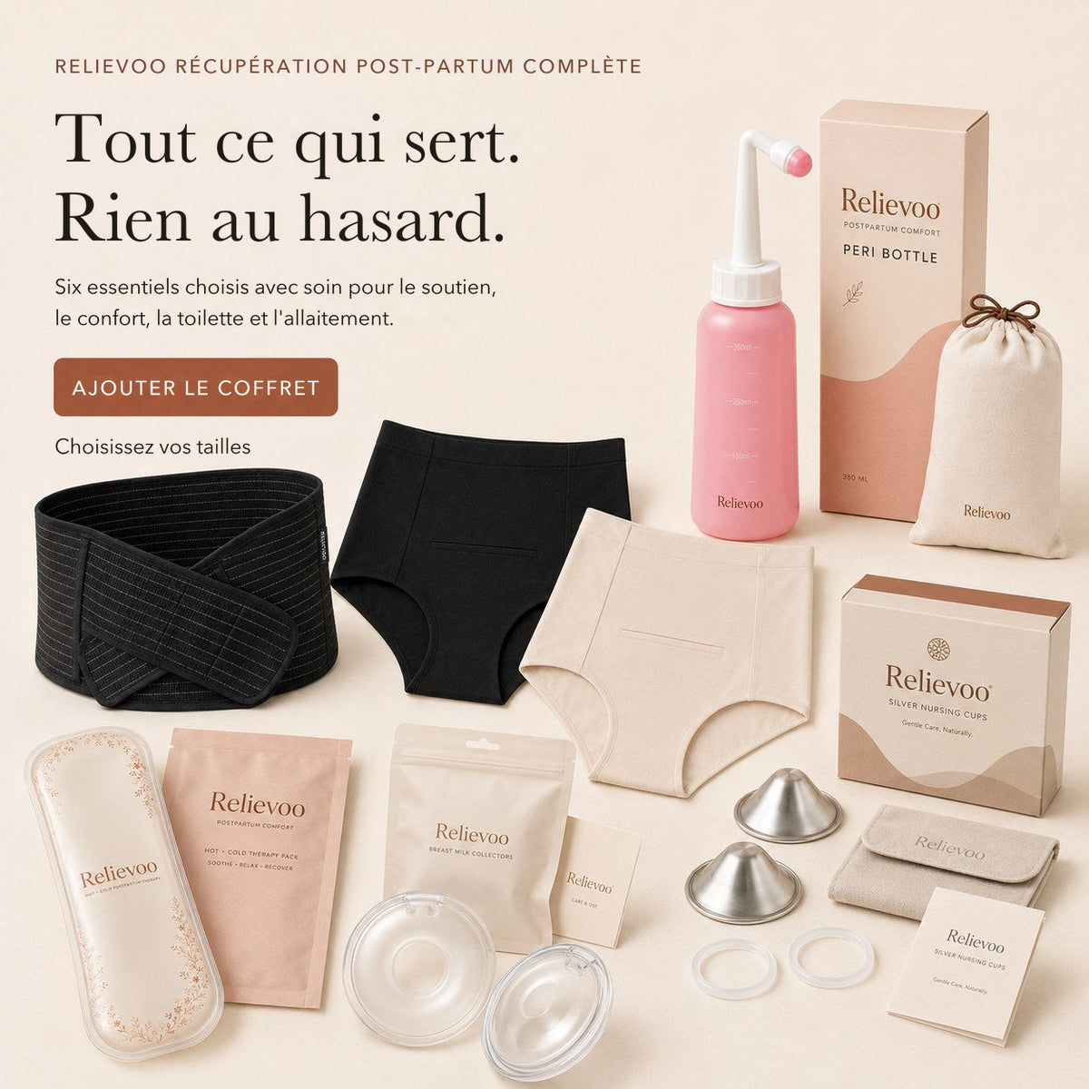 Le coffret Relievoo récupération post-partum complet disposé à plat
