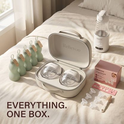 Relievoo Complete Mum Kit UK — wearable breast pump, bottle warmer, 5 reusable silicone storage bags and flange sizing kit in one premium box