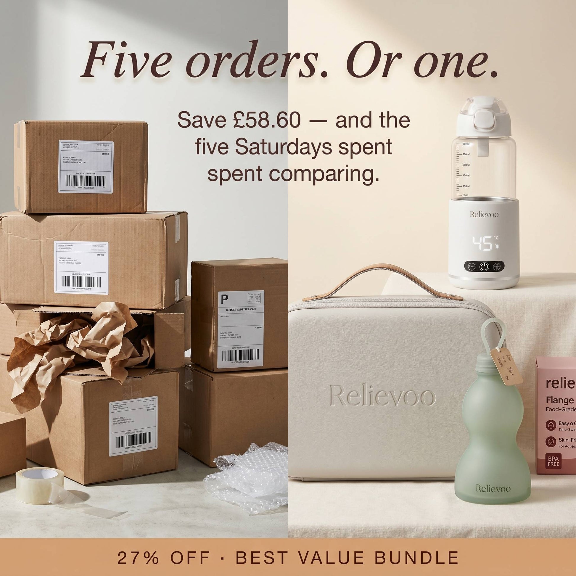 Save £58.60 on Relievoo Complete Mum Kit UK — all-in-one pumping bundle vs buying separately, 27 percent off best value