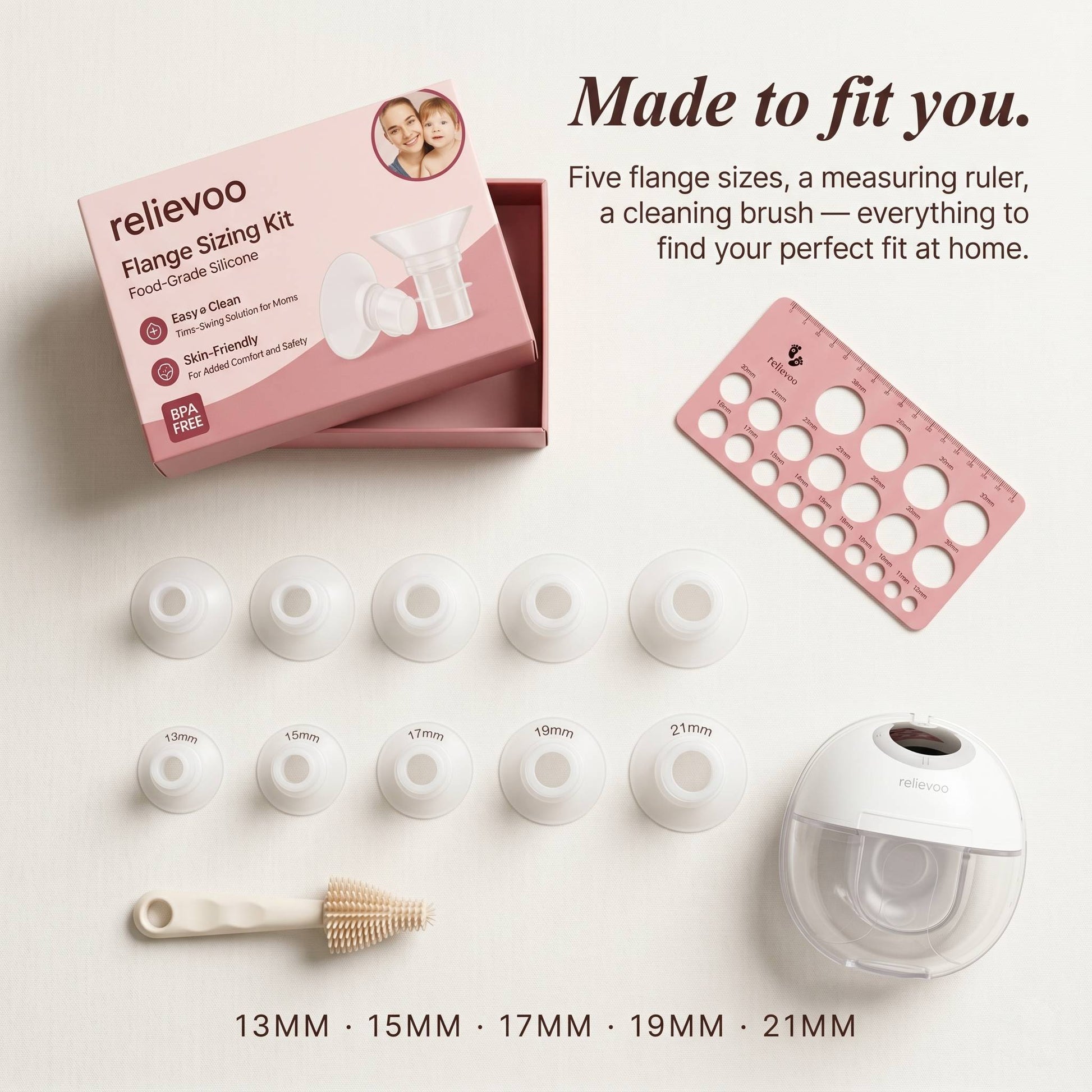 Relievoo Flange Sizing Kit UK — 5 silicone flange inserts (13 15 17 19 21mm), measuring ruler and cleaning brush for perfect breast pump fit