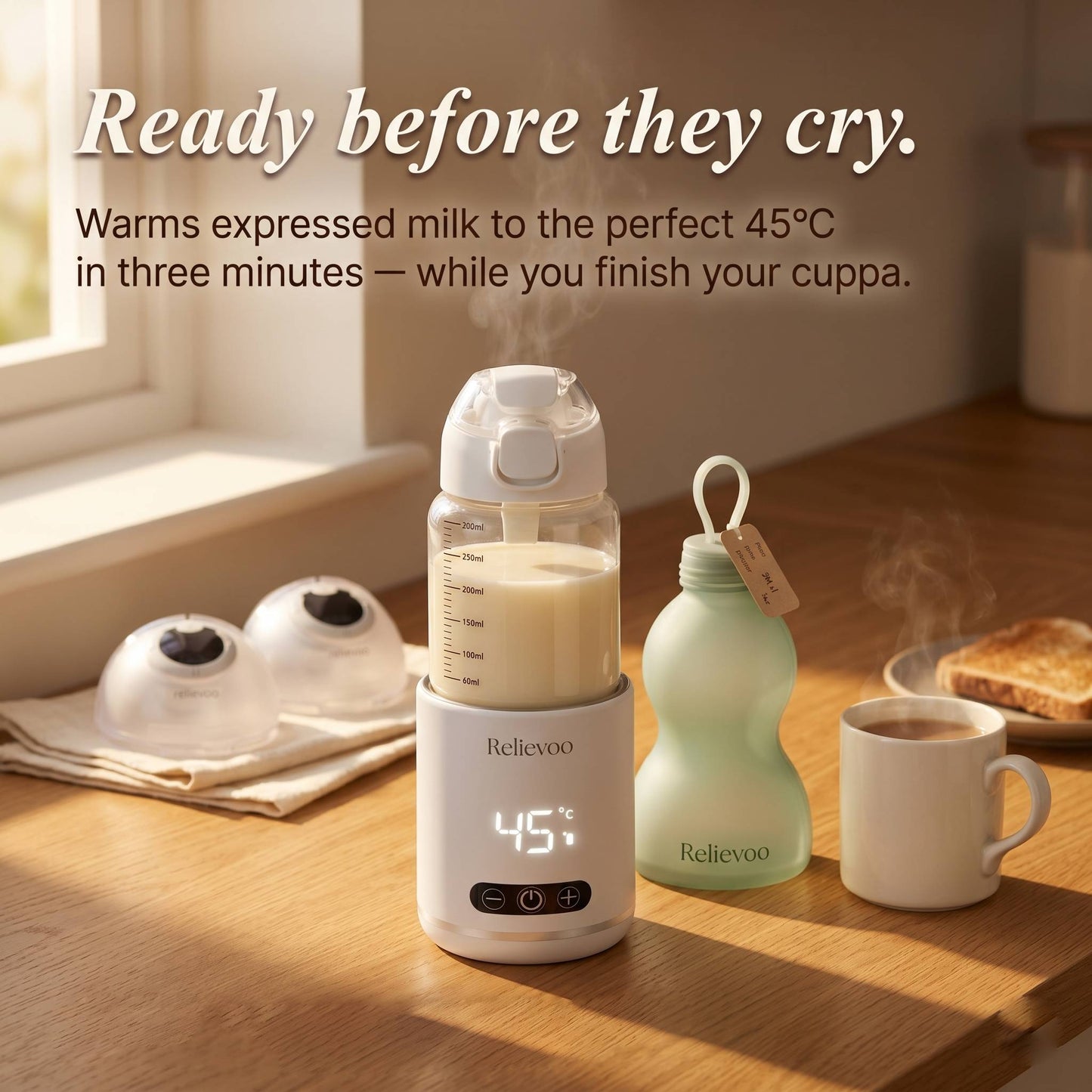 Relievoo wireless bottle warmer PRO3 UK — warms expressed breast milk to 45 degrees in 3 minutes for stress-free morning feeds